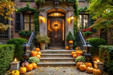 Golden christmas ornaments and pinecones with festive lights