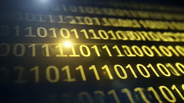 Rows of glowing binary code on a dark background with lens flare