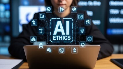 Ensuring AI Ethics: A person working on a laptop displaying an "AI ETHICS" icon surrounded by various responsible AI principles, illustrating fair development and accountable technology