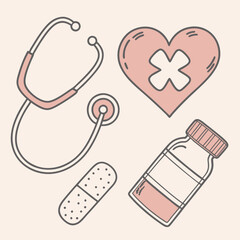 Medical Icons Stethoscope Heart Bandage and Medicine Bottle.