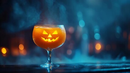 Video of a festive Halloween cocktail in an orange pumpkin glass, glowing brightly against a dark, foggy background, perfect for a spooky Halloween party atmosphere