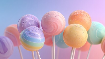 Sweet colorful lollipops with sprinkles are on the pastel background. It's for design of dessert menu, party invitation or sweet-themed banner.