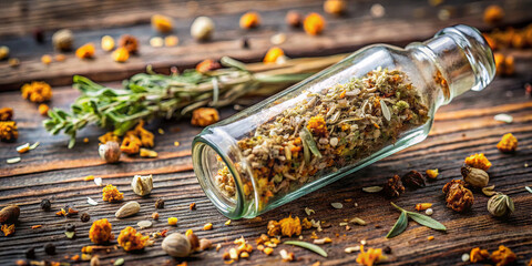 A glass bottle tipped over, spilling an assortment of dried herbs and spices onto a rustic wooden surface, while fresh herbs lie nearby, creating a rich culinary atmosphere