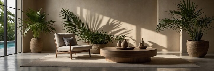 Fototapeta premium Sunlight illuminates a modern living room with a comfortable chair, stylish plants, and elegant decor, creating a serene and inviting home interior