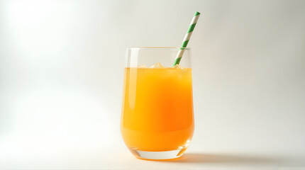 A glass of orange juice with a green and white striped straw in it