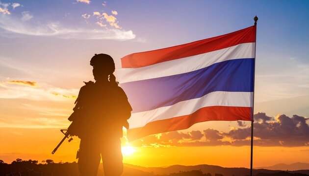 Thai soldier silhouette with rifle in front of national flag at sunset, symbolizing patriotism