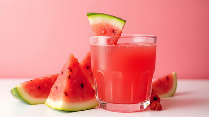 Refreshing watermelon juice with slices on a pink background
