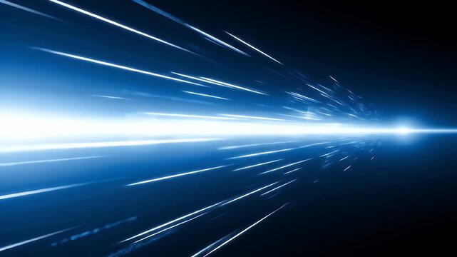 Streaks of blue light against a black background create a sense of speed