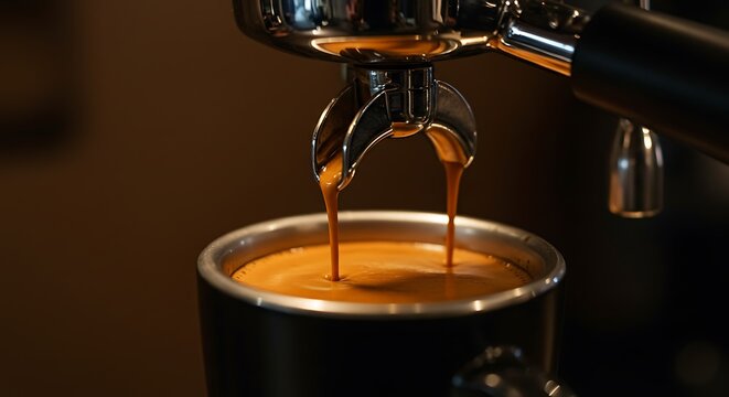 Espresso Extraction: Rich, Dark Coffee Flowing into Portafilter