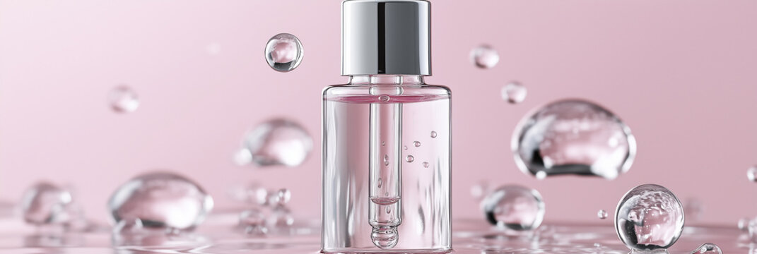 Clear glass bottle containing pink serum is surrounded by floating water droplets, creating refreshing and vibrant atmosphere. product appears elegant and luxurious, ideal for skincare enthusiasts
