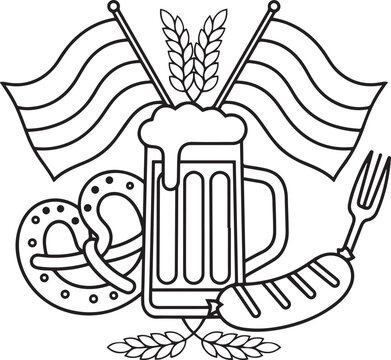 black and white oktoberfest beer, pretzel, sausage clip art preview