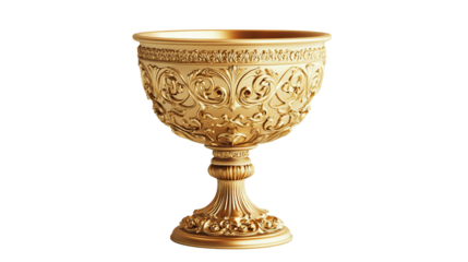 A shiny antique gold cup isolated on a transparent background. PNG