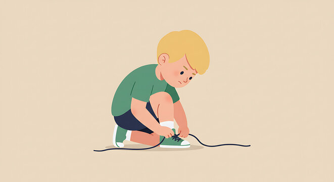 Young boy learning to tie his shoelaces. Illustration of a child developing independence and fine motor skills.
