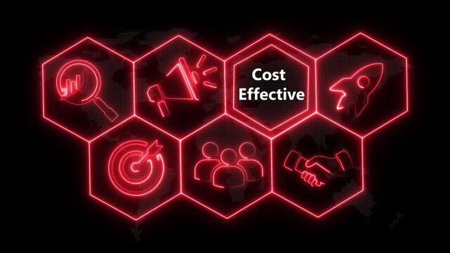Neon line Cost Effective concept button on a futuristic computer screen. abstract technology background with rotating world map icon, Business, Technology, Internet and networking concept.