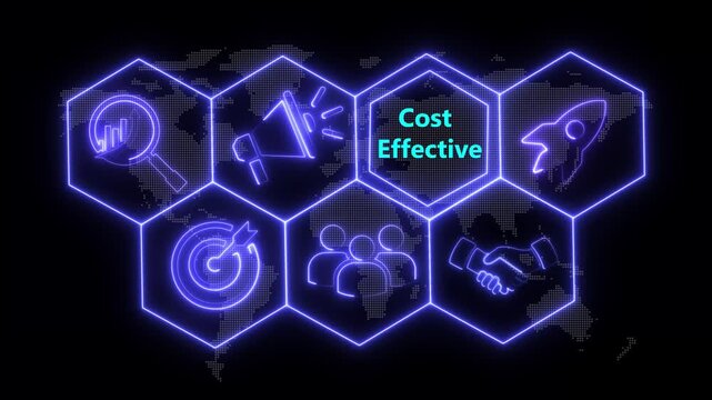 Neon line Cost Effective concept button on a futuristic computer screen. abstract technology background with rotating world map icon, Business, Technology, Internet and networking concept.