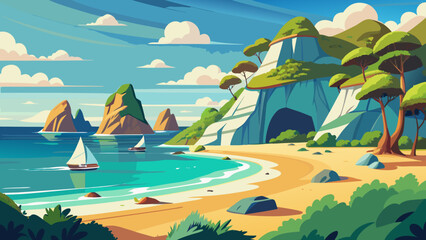 Fototapeta premium Vector art of a tranquil beach scene with a sailboat gliding on the turquoise ocean, framed by lush green cliffs and rocky outcrops