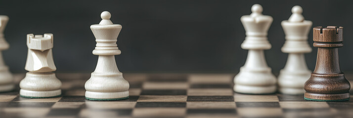 Fototapeta premium Chess pieces on wooden board create strategic atmosphere, showcasing elegance of game. contrasting colors of pieces highlight intensity of competition and art of strategy