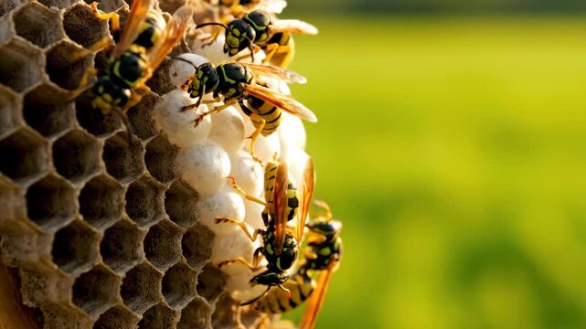 Wasps walk over their nest on a bright day. Detailed close-up reveals comb texture and insect movement against a soft, blurred background.

