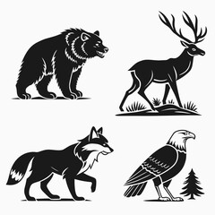 Stylized Black Silhouettes of Forest Animals and Bird.