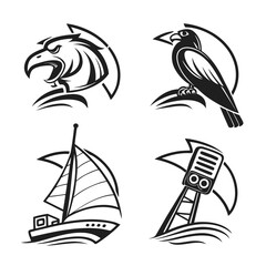 Stylized Eagle Bird Sailboat and Buoy Icons.