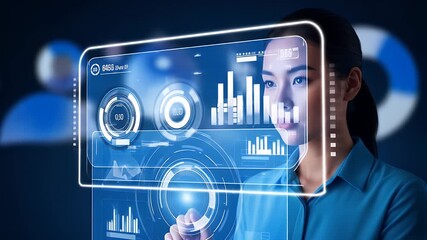 Woman interacting with a futuristic holographic display with data visualizations - Powered by Adobe