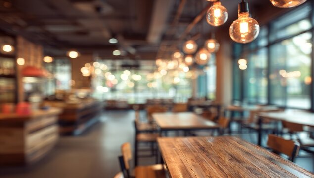 Blurred interior of a cafe with wooden tables and Edison bulb lighting (1)