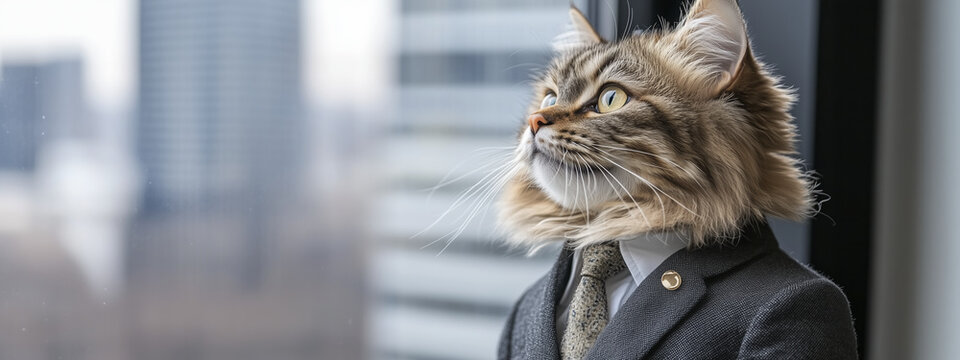 Stylish cat wearing sharp business suit stands confidently by window, gazing out at modern cityscape. feline exudes charm and sophistication, blending elegance with playful twist