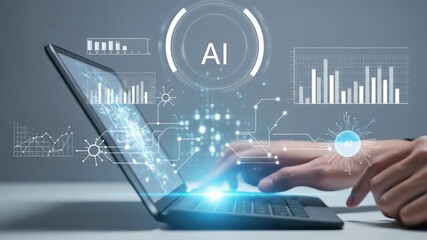 Man interacting with artificial intelligence data on a laptop, showing glowing connections and digital graphs evolving for future technology development footage. - Powered by Adobe