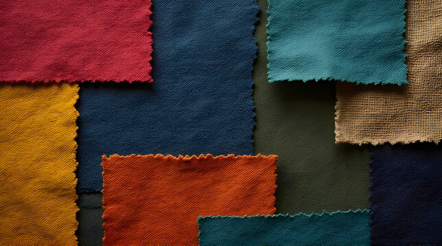 Close up of colorful fabric swatches with frayed edges arrangement
