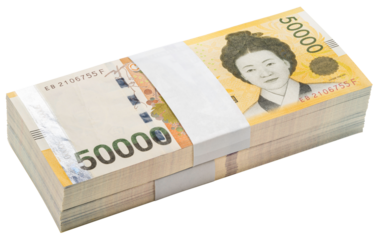 50000 South Korean won banknotes isolated on white, Bundle of banknotes dollars banknotes isolated on white background With clipping path PNG file.