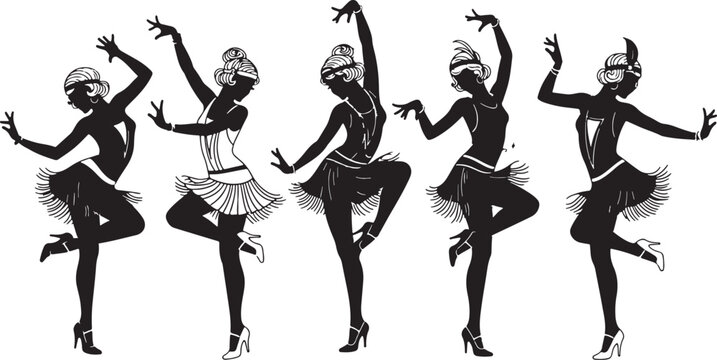 Flapper dancers in motion dancing art deco, flapper dancers, dancing, art deco, vintage, silhouettes, black and white, fringe, high heels, showgirls, performance, jazz age, retro, stylish, elegant, dy
