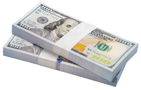 Bundle of 100 dollars banknotes isolated on white, Bundle of 100 American dollars banknotes isolated on white background With clipping path PNG File.