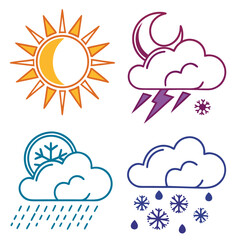Weather Icons Sun Storm Snow Rain and Snowfall.