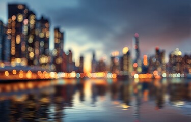 Obraz premium Blurred cityscape at twilight, reflected in calm water