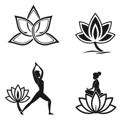 Yoga Poses and Lotus Flower Icons.