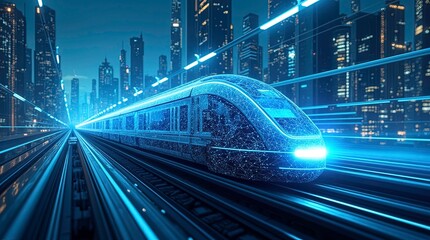 Cyberpunk modern fast blue train with future technology stops at the station background wallpaper. AI generated