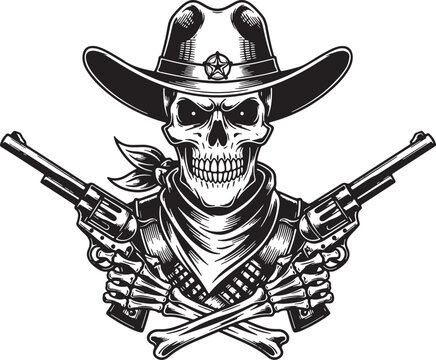 Skull cowboy with crossed revolvers and bandana vector, skull, cowboy, hat, bandana, revolvers, guns, crossed, bones, western, outlaw, danger, illustration, black and white, vintage, graphic, design, 
