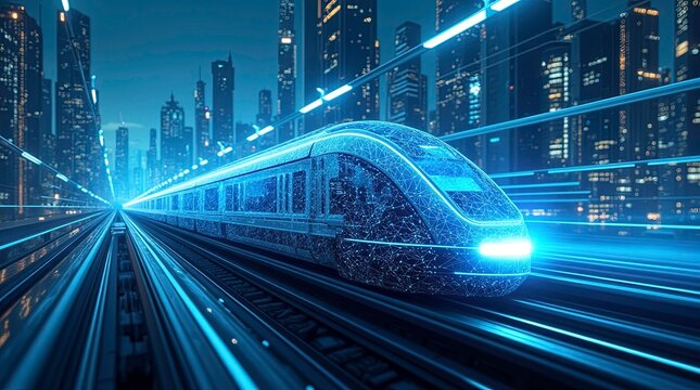Cyberpunk modern fast blue train with future technology stops at the station background wallpaper. AI generated
