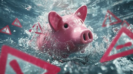A piggy bank with drowning under a pile of debt, bills, credit statements, and tax documents, symbolizing financial stress, economic burden, and the overwhelming challenge of managing personal finance