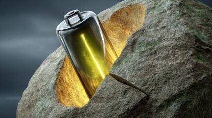 Shiny metallic battery cell encased in a textured stone formation with a glowing yellow core on a dark background