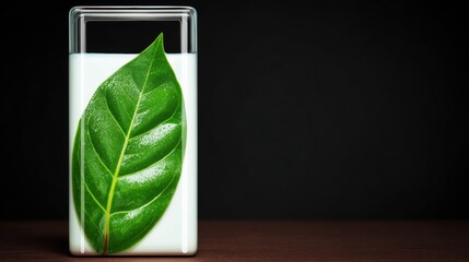 Glass of white liquid with a large green leaf inside on a dark background It sits on a dark wooden surface