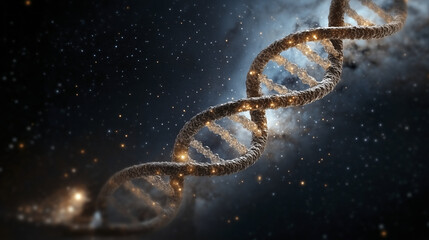 Detailed image of complex DNA strand interwoven with stars and cosmic elements, showcasing beauty of genetics and universe. vibrant colors and intricate design evoke sense of wonder