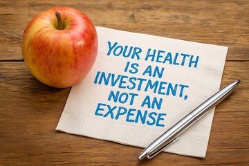 Fresh Apple with Health Investment Message on Napkin, Promoting Wellness and Good Nutrition