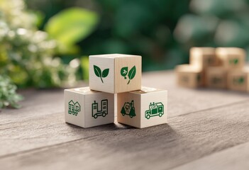 Wooden blocks with green eco-icons sit on a wood surface, blurred green background