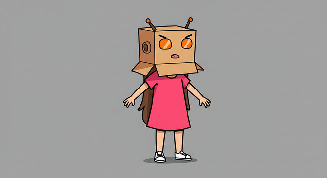 Funny cartoon illustration of a girl with an angry expression wearing a homemade robot costume made from a cardboard box.