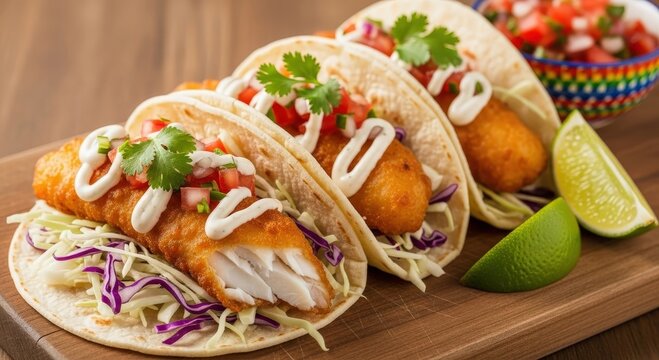 Delicious baja fish tacos with crispy battered fish cabbage slaw pico de gallo and lime