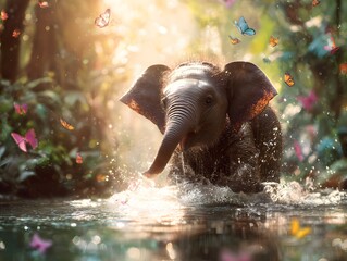 baby elephant splashing water in a crystal-clear jungle stream, tropical rainforest
