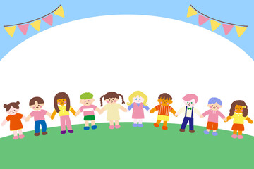Fototapeta premium 世界の子供達が手を繋ぐかわいいフレーム素材