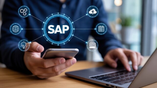 Integrated SAP Ecosystem: A person interacting with a smartphone and laptop displaying an SAP icon connected to various business modules, illustrating comprehensive enterprise resource planning