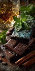 Obraz premium Stack of various chocolate bars (dark, milk, white) dusted with cocoa powder, fresh mint, cinnamon sticks, and a glass of whiskey, a gourmet dessert and luxurious beverage pairing
